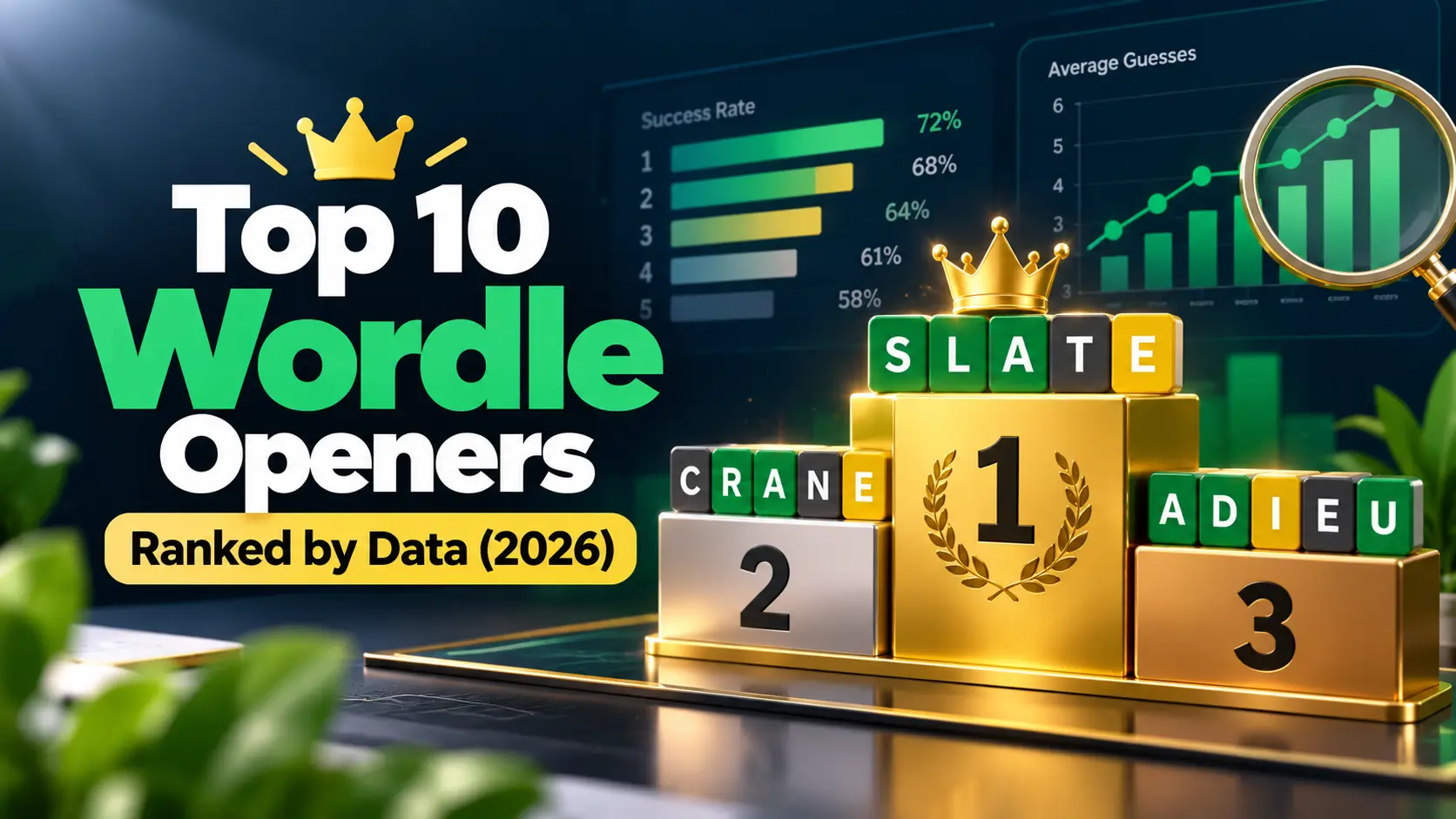 Top 10 Wordle Openers in 2026 (Ranked by Data) 1 Top 10 Wordle openers ranked by data in 2026 with SLATE, CRANE and ADIEU on a Wordle board